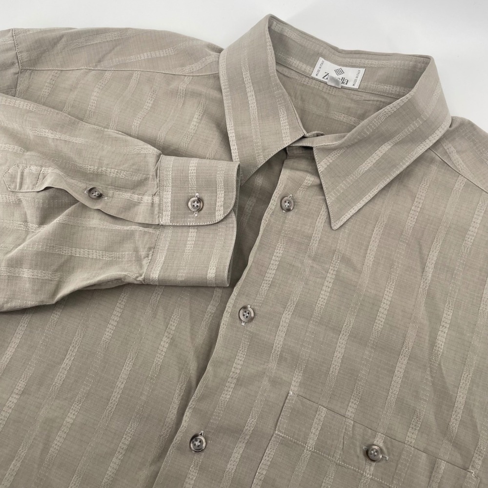 Zanella Button Down Shirt Mens XL Taupe Gray Cotton Dobby Stripe Made in Italy